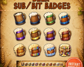 Insignias de cerveza para Twitch / Insignias de taberna para suscriptores / Paquete de insignias de fantasía acogedora para Twitch / Imagen PNG de jarra de cerveza para streamers