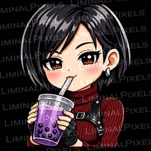 May include: Anime-style illustration of a person with short black hair, drinking from a purple bubble tea. The person wears a burgundy turtleneck, black fingerless gloves, and a black harness. The background is black.