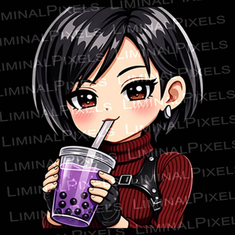 May include: Anime-style illustration of a person with short black hair, drinking from a purple bubble tea. The person wears a burgundy turtleneck, black fingerless gloves, and a black harness. The background is black.