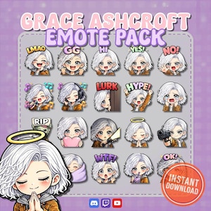Könnte beinhalten: Ein digitales Download-Grafikpaket mit einer Vielzahl von Emotes mit einer Cartoon-Figur mit weißen Haaren und einer braunen Jacke. Emotes beinhalten Ausdrücke wie "LMAO", "GG", "HI", "YES!", "NO!", "RIP", "LURK", "HYPE!", "WTF!" und "OK!".