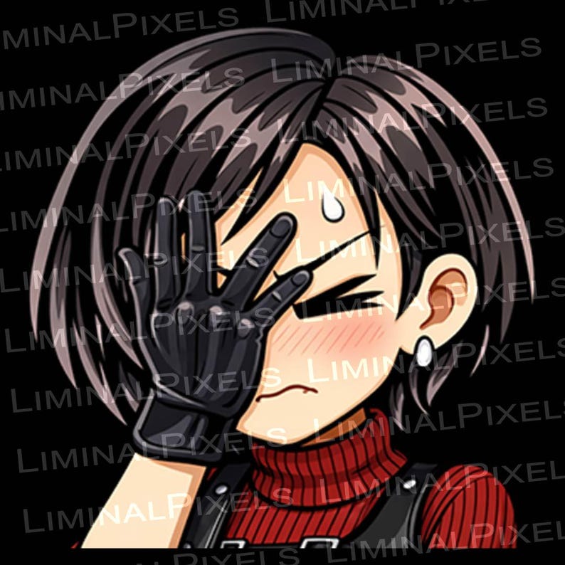 May include: An anime-style digital art illustration of a person with short black hair, wearing a red turtleneck and black gloves. The person is covering their face with their gloved hand, with a blush on their cheeks.