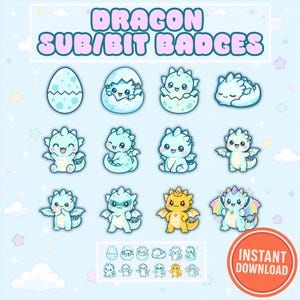 Könnte beinhalten: Eine Sammlung von Cartoon-Drachen-Abzeichen in verschiedenen Posen und Farben, darunter Hellblau, Gelb und Lila. Der Text "DRAGON SUB/BIT BADGES" steht oben, mit einem "INSTANT DOWNLOAD"-Abzeichen unten.