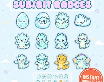 Paquete de insignias de suscriptor de Twitch con dragones adorables: 12 insignias de dragones kawaii, emoticonos pastel, insignias de Discord, PNG para streamers, descarga instantánea.