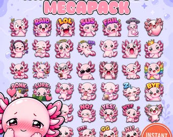 Pink Axolotl Emotes Pack – Kawaii Twitch & Discord Streamer Bundle (Instant Download)