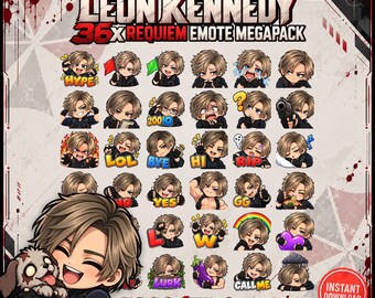 36 emotes de Leon Kennedy, pacote de emotes de Resident Evil Requiem para Twitch, PNGs de terror, Discord, YouTube e Kick