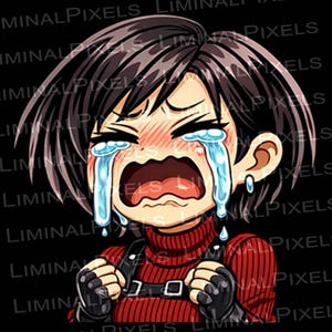 May include: An anime-style illustration of a character with short dark hair, crying with large tears. The character is wearing a red turtleneck and a black vest. The background is black.