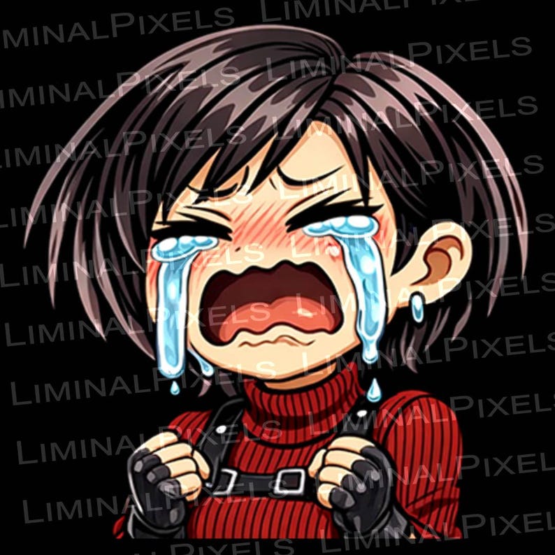May include: An anime-style illustration of a character with short dark hair, crying with large tears. The character is wearing a red turtleneck and a black vest. The background is black.