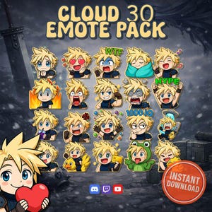 May include: A digital art pack featuring 30 emotes of a character with spiky blonde hair. The emotes display various expressions and actions, including hearts, anger, and excitement. The words "CLOUD 30 EMOTE PACK" are at the top.