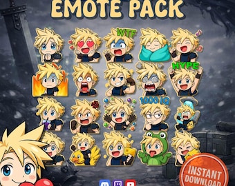 Cloud Strife Chibi Emotes | Final Fantasy VII Emotes | FF7 Twitch Discord Emotes | Cute RPG Emote Pack (30)