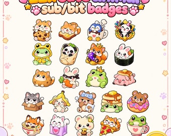 22 Insignias de Twitch con animales adorables, insignias kawaii de suscripciones y bits, insignias para streamers
