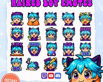 Cyan Anime Boy Emotes Pack (20) | Cute Twitch Emotes Bundle | Kawaii Cat Boy Stream Emotes | Discord Twitch Sub Emotes 500px