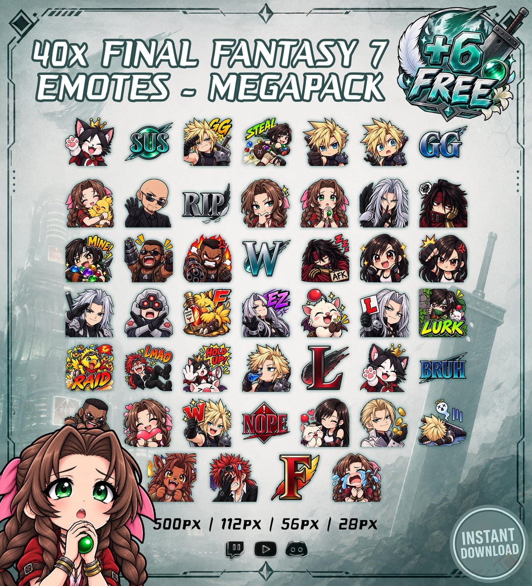 Final Fantasy VII Twitch Emotes, 40 (+6 FREE EMOTES) Emote Mega Pack ...