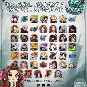 Könnte beinhalten: Eine digitale Sammlung von 40 Final Fantasy 7 Emotes plus 6 kostenlosen Bonus-Emotes, mit verschiedenen Charakteren im Chibi-Stil mit ausdrucksstarken Gesichtern, Textüberlagerungen wie GG, RIP und LURK sowie einer großen Charakterillustration unten.