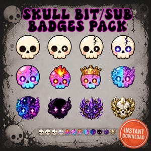 Op de afbeelding: Een pakket skull bit/sub badges met verschillende ontwerpen. De badges bevatten cartoon schedels met verschillende uitdrukkingen, kleuren en accessoires, zoals kronen en vlammen. De tekst "SKULL BIT/SUB BADGES PACK" staat bovenaan.