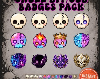 Paquete de insignias de suscriptor de Twitch con calaveras: 12 insignias de calaveras, emoticonos oscuros, insignias de Discord, PNG para streamers, descarga instantánea.