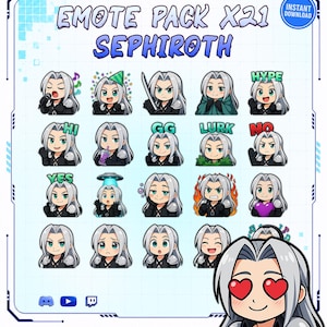 Pode incluir: Um pacote de emotes digitais com vinte e uma ilustrações estilo chibi de Sephiroth com cabelos longos prateados e traje preto. A coleção inclui várias expressões e ações, com textos sobrepostos como HYPE, HI, GG, LURK, NO e YES.