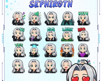 Paquete de 21 emoticonos de Sephiroth / Inspirado en Final Fantasy VII / Emotes de Twitch / Emoji de Discord / PNG / Streamer / VTuber / FF7