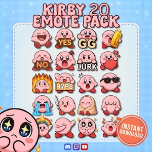 Kirby 20 Emote Pack | Chibi Twitch & Discord Stream PNGs (digital nedladdning)