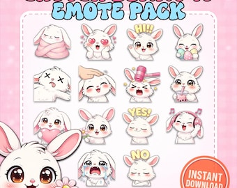 Easter Bunny Emote Pack – 14 Cute Chibi Emotes for Twitch, Discord & YouTube | Kawaii Rabbit Sub Badges PNG