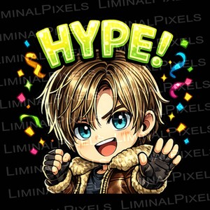 May include: A digital illustration of an anime-style character with blue eyes and brown hair, wearing a brown jacket. The word "HYPE!" is above the character's head in green and yellow. Colorful confetti surrounds the character on a black background.