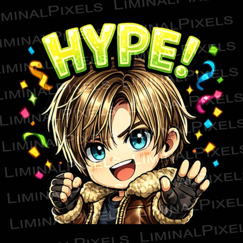 May include: A digital illustration of an anime-style character with blue eyes and brown hair, wearing a brown jacket. The word "HYPE!" is above the character's head in green and yellow. Colorful confetti surrounds the character on a black background.