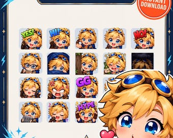 20 Emotes adorables de Ezreal / Paquete de emotes de League of Legends / Emotes de LoL para Twitch y Discord / PNG de Chibi Gaming / Descarga digital