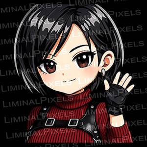May include: Anime-style illustration of a woman with short black hair, brown eyes, and a red turtleneck. She wears a black leather harness and fingerless gloves, waving with a smile. The background is black.