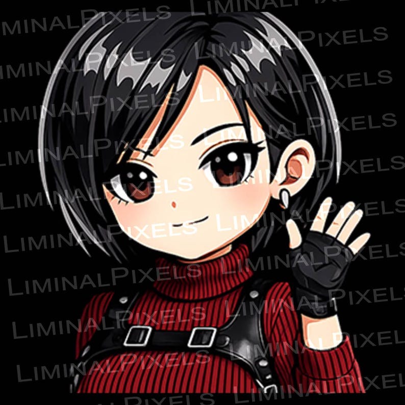 May include: Anime-style illustration of a woman with short black hair, brown eyes, and a red turtleneck. She wears a black leather harness and fingerless gloves, waving with a smile. The background is black.
