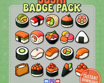 Sushi Sub Badges Pack - 20 Digital Icon Badges 500/72/36/18 px | PNG + SVG Downloads for Streamers, Food Icons, Japanese Style Graphics