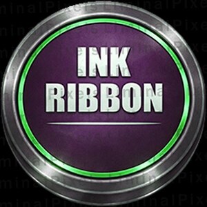 May include: Circular button with a metallic silver border and a green inner ring. The center features the words "INK RIBBON" in bold, white letters against a textured purple background. A white line underlines the text.