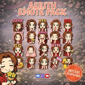 May include: A digital art pack titled "Aerith Emote Pack" featuring various cartoon illustrations of a character with brown hair and a red jacket. Each illustration displays a different expression or action, with text labels like "LURK", "YES", and "NO". A round orange sticker says "INSTANT DOWNLOAD".