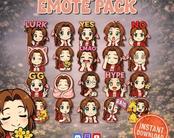 Chibi Aerith Emotes | Final Fantasy VII Emotes Pack | Cute FF7 Twitch Discord Emotes | Gamer Streaming Emotes PNG
