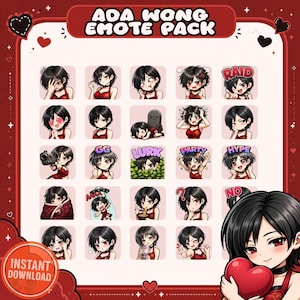 May include: A digital collection of twenty-five chibi-style emotes featuring a character with short black hair and a red dress. The set includes various expressions and actions, with text overlays like RAID, GG, LURK, PARTY, HYPE, AAAA, and NO.