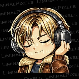 May include: Illustration of a person with blonde hair wearing headphones, eyes closed, and a serene expression. The person is wearing a brown jacket with a fur-lined collar. The background is black.