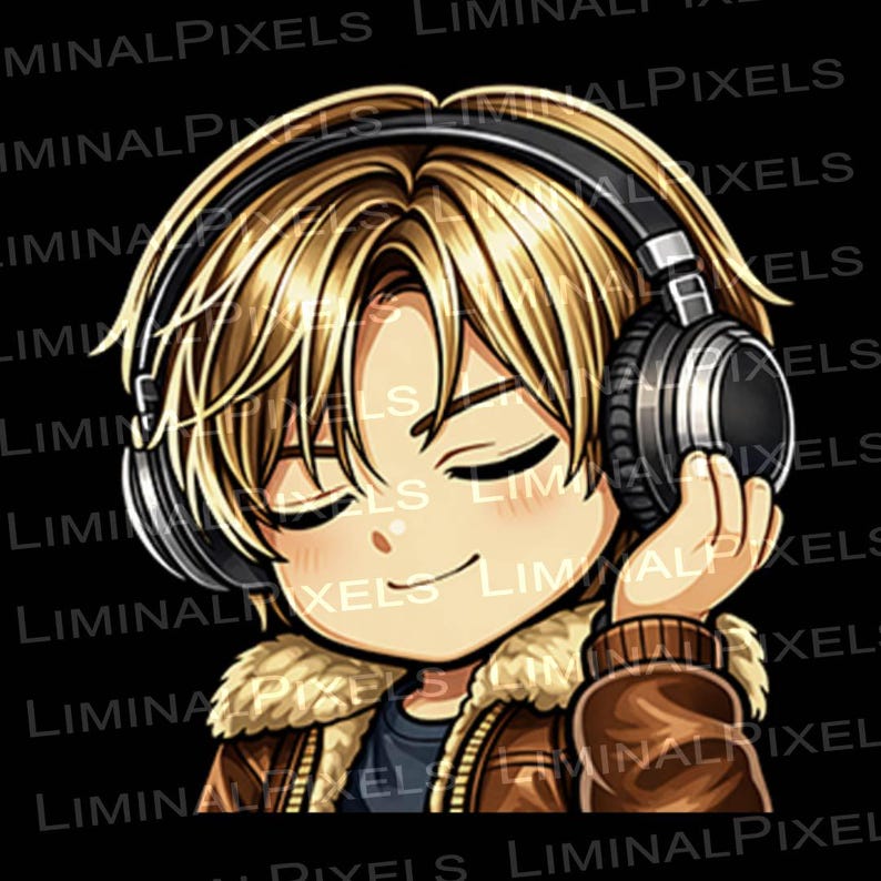 May include: Illustration of a person with blonde hair wearing headphones, eyes closed, and a serene expression. The person is wearing a brown jacket with a fur-lined collar. The background is black.