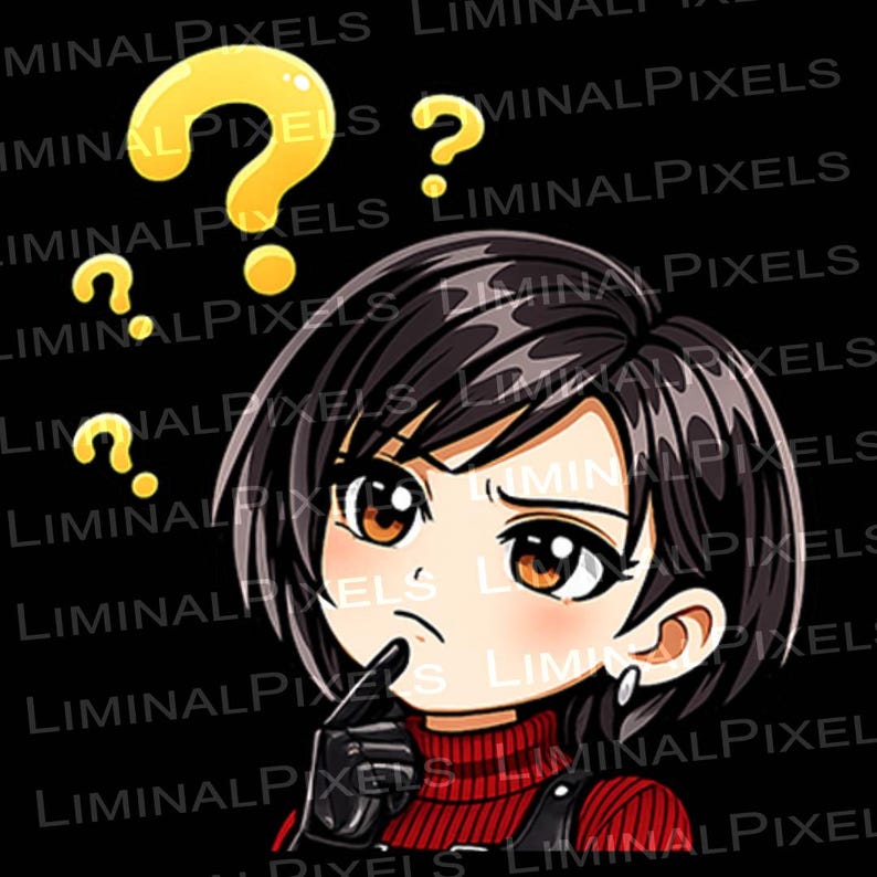 May include: An anime-style illustration of a person with black hair and brown eyes, looking thoughtful. Yellow question marks float above the person's head. The person is wearing a red turtleneck and black gloves, set against a black background.