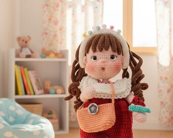 Bambola Amigurumi fatta a mano all'uncinetto con vestito rosso e borsa - 30 cm