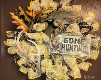 Fall Gone Hunting Deer Antler Camo Wreath Cabin Lake Lodge Decoration Mens Gift