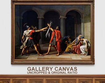May include: A framed canvas print of a classical painting depicting a dramatic scene with figures in Roman attire. The artwork features men with swords, and women in distress. The frame is ornate, and the text "GALLERY CANVAS UNCROPPED & ORIGINAL RATIO" is visible.