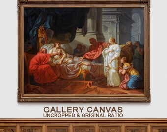May include: A framed gallery canvas print of a classical painting. The artwork depicts a scene with figures in robes, a bed, and architectural elements. The frame is ornate and brown. Text at the bottom reads "GALLERY CANVAS UNCROPPED & ORIGINAL RATIO."