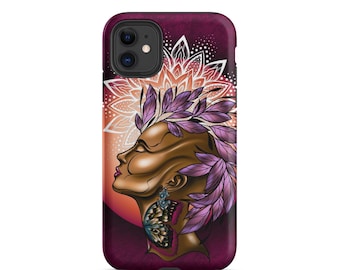 May include: A phone case featuring a profile of a woman with a brown complexion, adorned with purple leaves and a butterfly earring. The background has a mandala design and a gradient of red and purple.