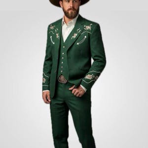 Green Floral Embroidered 3Pc Western Suit: Bespoke Men&#39;s Outfit