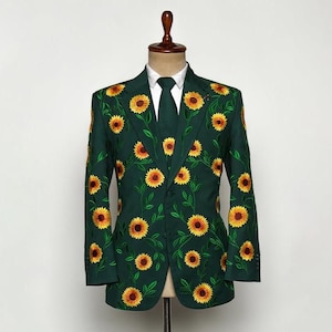 Embroidered Sunflower Green Suit: Men&#39;s Country Western Wedding Prom Outfit