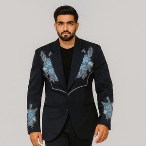 Bespoke Navy Blue Floral Embroidered Men&#39;s Suit: Western Wedding Outfit
