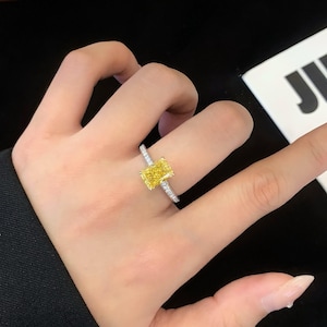Vivid Yellow Radiant Cut Diamond Ring 2CT – 14K White Gold | IGI Certified Lab Grown Fancy Yellow Engagement Ring | Bold Statement Ring.