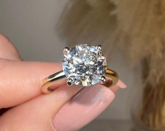 3CT Round Cut Solitaire Engagement Ring – Four Prong Setting – Lab Grown Diamond or Moissanite – 14K Yellow Gold – IGI Certified Jewelry.