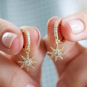 Starburst Dangle Earrings with Moissanite – Celestial North Star Hoop Earrings in 14K Yellow Gold, Sparkly Huggie Drop Earrings for Women.