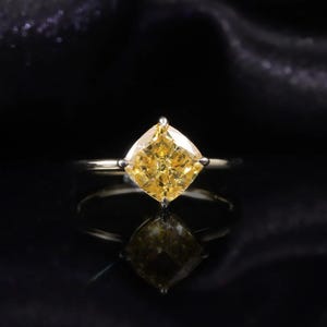 2CT Vivid Yellow Cushion Cut Diamond Ring – IGI Certified Lab Grown Solitaire –14K Yellow Gold Fancy Engagement Ring – Unique Bridal Jewelry