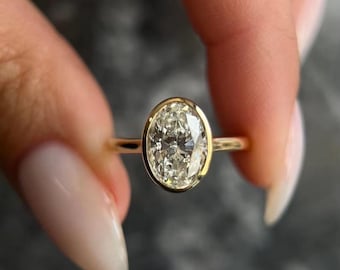 2 CT Oval Cut Solitaire Ring | IGI Certified Lab Diamond with Cathedral Shank & Bezel Setting | 14K Yellow Gold Engagement Ring.