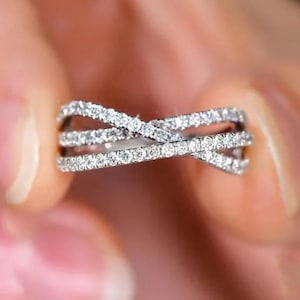 Criss-Cross Diamond Infinity Band Ring 1.50 CT | Round Cut Lab-Grown or Moissanite | 14K White Gold | Pavé Crossover Ring | Gift for Her.